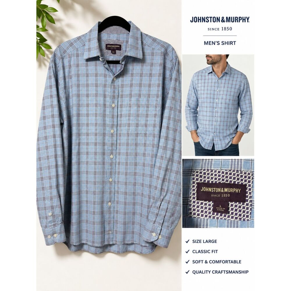 Johnston & Murphy Classic Fit Plaid Button Down Shirt L Large Light Blue Cotton